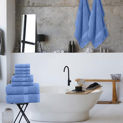 QUBA LINEN Pack of 8 Towels Set, 2 Large Bath Towels, 2 Hand Towels, 4 Wash Cloths, 100% Cotton, Lighter Weight, Quicker to Dry, Super Absorbent, Perfect for Bathroom (Blue) - color: Blue