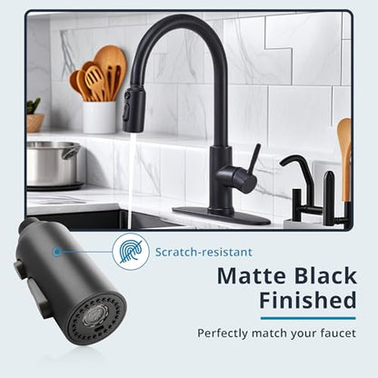 Pull Down Kitchen Faucet Head Replacement, 3 Function Pull Out Sprayer Head Nozzle with 9 Adapters for Kitchen Sink Faucet American Standard, Matte Black - color: Matte Black