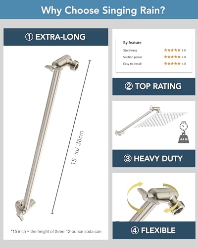 15 Inch Extra Long Adjustable Shower Head Extension Arm With Locking Set Screw, Singing Rain 304 Stainless Steel Angle Height Adjustable, G1/2 Universal Connector Compatible (Nickel Brushed) - color: 2. Nickel Brushed, style: 15 inch