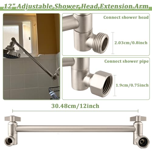 Rain Shower Head Extension 12 Inch Adjustable Rain Shower Head Extension Arm Stainless Steel Shower Head Holder G1/2 Universal Connector Compatible (Brushed Nickel) - color: Brushed Nickel