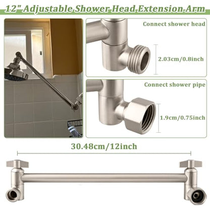 Rain Shower Head Extension 12 Inch Adjustable Rain Shower Head Extension Arm Stainless Steel Shower Head Holder G1/2 Universal Connector Compatible (Brushed Nickel) - color: Brushed Nickel