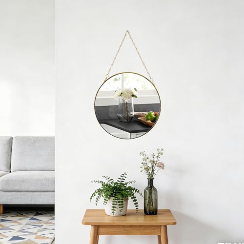 9.6-inch Modern Round Wall Mirror with Metal Frame and Hanging Chain, Suitable for Entryway, Hallway, or Bathroom Small Gold Metal Frame Mirror (Gold, 9.6 inch) - size: 9.6 inch
