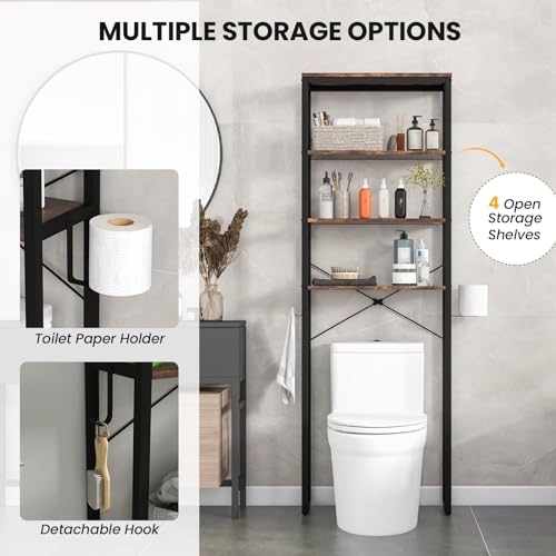 LOKO Bathroom Over The Toilet Storage Rack, 4-Tier Industrial Organizer Shelf with Toilet Paper Holder & Hook, Multifunctional Freestanding Space Saver Plant Stand for Laundry Balcony, Rustic Brown