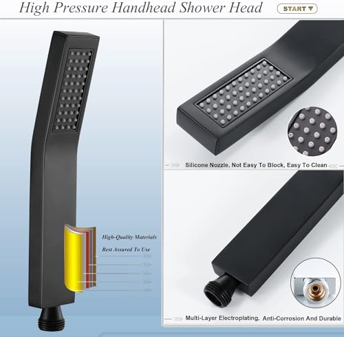 Shower Head with handheld, High Pressure 8'' Rain Shower Head/Brass Handheld Shower Combo,with 78'' Hose Anti-leak Shower Head with Adhesive Shower Head Holder (Square, Black) - color: Black, size: 8