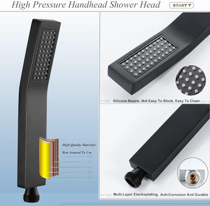 Shower Head with handheld, High Pressure 8'' Rain Shower Head/Brass Handheld Shower Combo,with 78'' Hose Anti-leak Shower Head with Adhesive Shower Head Holder (Square, Black) - color: Black, size: 8