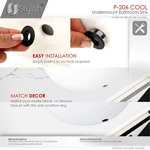 Stylish Oval Bathroom Sink 19 1/2 x 16 Inch Ceramic Porcelain Undermount Bathroom Sinks Enamel Glaze Finish Smooth and Stain Resistant Surface with Chrome and Matte Black Overflow, P-206 - style: 19.5"x16" Chrome & Matte Black Overflows