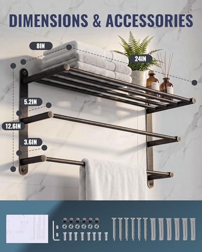 Bathroom Towel Rack Wall Mounted: 24 Inch Oil Rubbed Bronze Towel Rack with Double Towel Bar - SUS304 Stainless Steel Bath Towel Holder with Shelf for Hotel Lavatory - color: Oil Rubbed Bronze