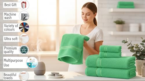 6 Piece 100% Cotton Bath Towel Set - 2 Bath - 2 Hand - 2 Face, Green | 100% Cotton • Thick & Plush • Hotel Quality • Ultra Soft • Highly Absorbent • Quick Dry • Low Lint • Machine Washable - color: Bright Green