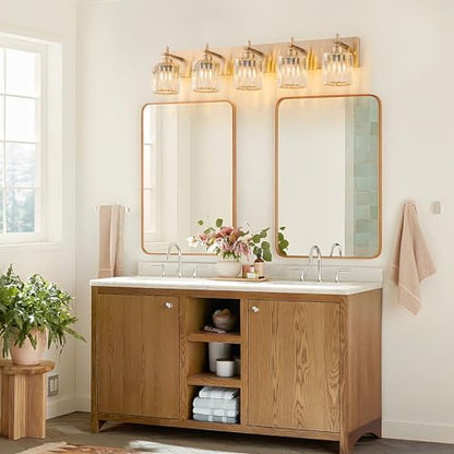 Modern Crystal Bathroom Vanity Lights, Gold 5-Lights Bathroom Light Fixtures Over Mirror, Crystal Wall Lighting with Polished Brass Finish - color: Gold-Round Shade, size: 5-Light