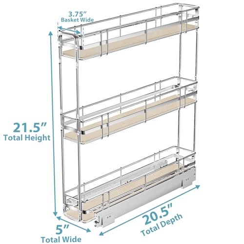 Pull Out Spice Rack Cabinet Organizer 5" W x 20½" D, 3 Tier Heavy Duty Slide Out Wood Shelf for Narrow Cabinet, Pull Out Storage for Kitchen - size: 5" W x 20½" D