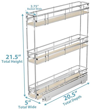 Pull Out Spice Rack Cabinet Organizer 5" W x 20½" D, 3 Tier Heavy Duty Slide Out Wood Shelf for Narrow Cabinet, Pull Out Storage for Kitchen - size: 5" W x 20½" D