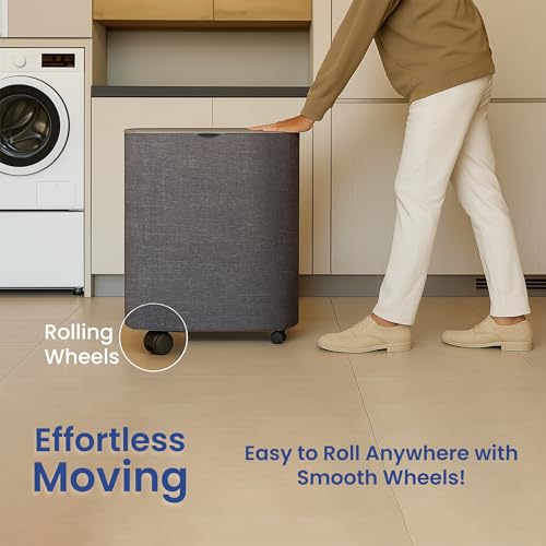Dual Section 90L Laundry Basket with Wheels and Lid – Tall divided Double Laundry Hamper with 2 Removable Washable Bags, Large Laundry Sorter for Easy Clothes Separation