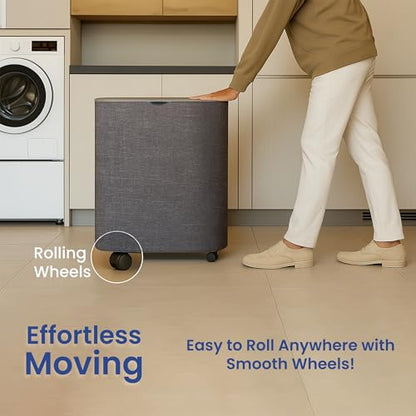 Dual Section 90L Laundry Basket with Wheels and Lid – Tall divided Double Laundry Hamper with 2 Removable Washable Bags, Large Laundry Sorter for Easy Clothes Separation