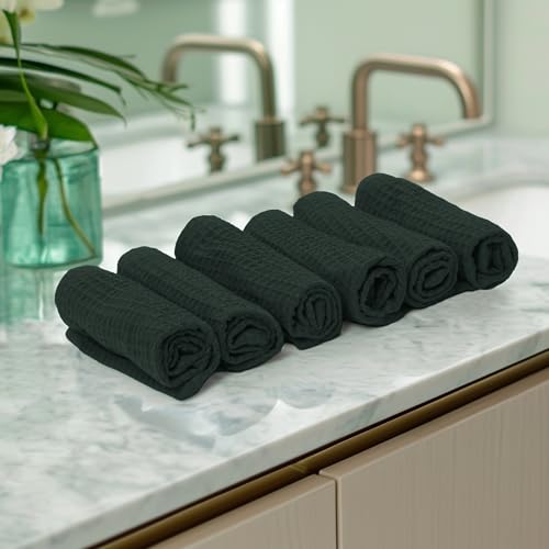 Encasa XO' Waffle Weave Face & Hand Towels – 12"x12", Green Washcloths Set of 6 – Quick Drying for Bathroom, Gym, Kitchen & Travel – Small Reusable Dish Cloths & Face Wipes for Everyday Use - color: Green, size: 12x12 in (Set of 6)
