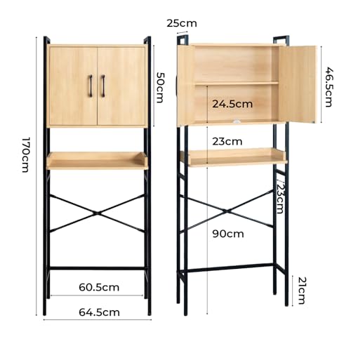Solianne Over Toilet Cabinet, Wood Grain Embossed Design Space Saver Storage, 64.5x30x171cm Tall Freestanding Unit with Double Doors & Shelf, MDF Melamine Veneer & Square Tubing Frame for Bathroom