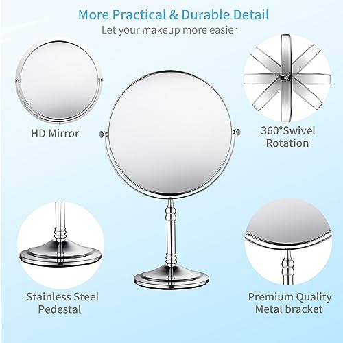Silver Makeup Mirror 1X/10X Free Standing 8 Inches 360 Swivel Dual-Sided Tabletop Makeup Mirror, Metal - color: Chrome