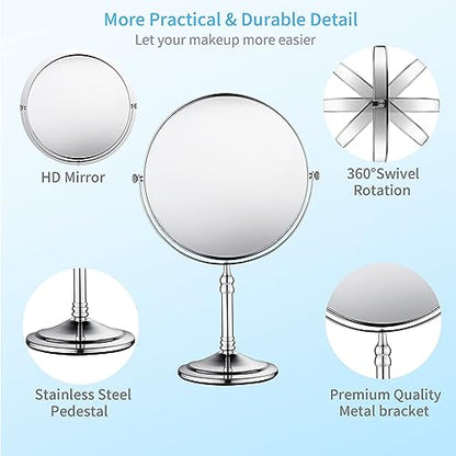 Silver Makeup Mirror 1X/10X Free Standing 8 Inches 360 Swivel Dual-Sided Tabletop Makeup Mirror, Metal - color: Chrome