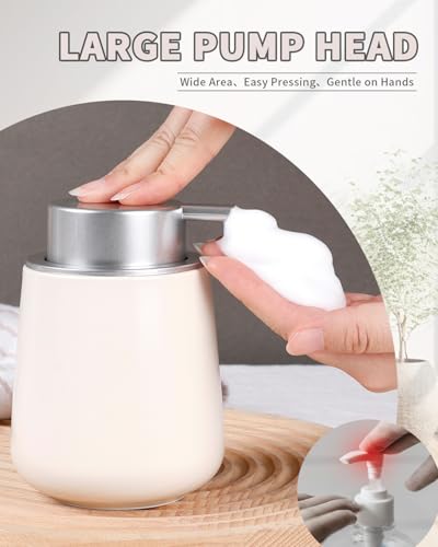 Bosilunlife 12Oz Ceramic Foam Soap Dispenser for Bathroom Kitchen Counter | Premium countertop foam pump creates delicate dense foam, stable desktop placement,Beige with Silver - color: Beige With Silver Pump