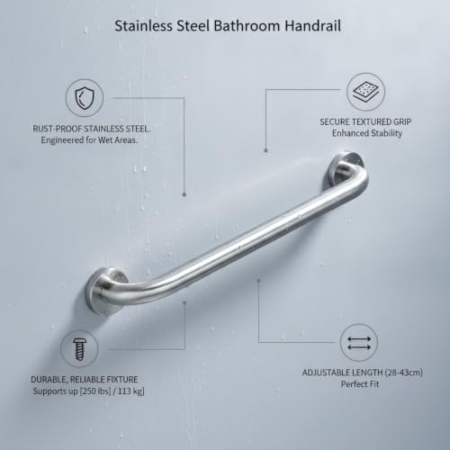 Stainless Steel Bathroom Grab Bar, Silver Textured Grip Handrail for Shower and Bathtub, Durable Wall Mount Rail - size: 12.99 x 0.98 x 2.95 in