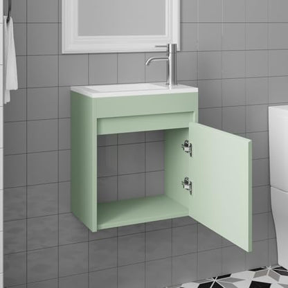 wonline 16" Small Floating Green Bathroom Vanity Sink Combo, Wall Mounted Narrow Single Cabinet with Resin Basin Sink Top, Water Saving Chrome Faucet & Pop-Up Drain - color: Green Linen