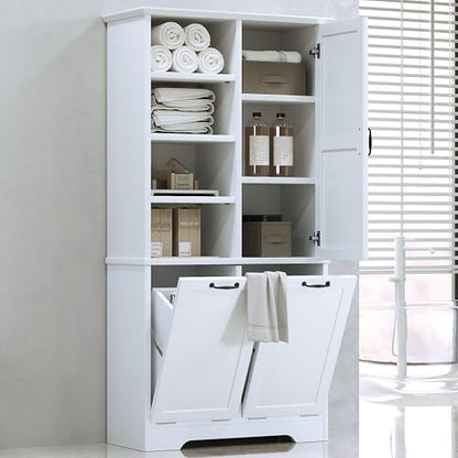Merax Cabinet with Tilt-Out Laundry Hamper Basket, Tall Bathroom Storage Organizer Linen with Open Shelf for Home, Freestanding, White - color: White