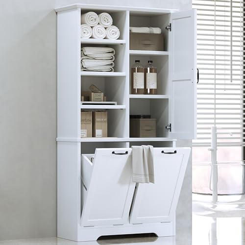 Merax Cabinet with Tilt-Out Laundry Hamper Basket, Tall Bathroom Storage Organizer Linen with Open Shelf for Home, Freestanding, White - color: White