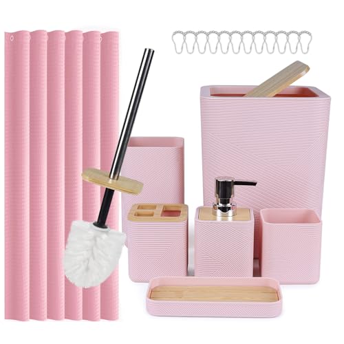 CERBIOR Bamboo Bathroom Accessory Set with Shower Curtain,Pink,20PCS | Spiral Set Includes Shower Curtain,Soap Dispenser, Toothbrush Holder, Toothbrush Cup, Soap Dish for Decorative and House Gift - size: Bath Set+Shower Curtain, style: Pink