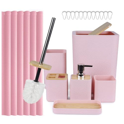 CERBIOR Bamboo Bathroom Accessory Set with Shower Curtain,Pink,20PCS | Spiral Set Includes Shower Curtain,Soap Dispenser, Toothbrush Holder, Toothbrush Cup, Soap Dish for Decorative and House Gift - size: Bath Set+Shower Curtain, style: Pink