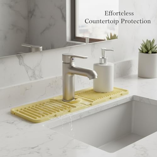 Silicone Faucet Splash Guard Mat for Kitchen & Bathroom Sinks, Flexible Water Drainage Tray with Slots, 13 x 3.35 Inches - color: Yellow