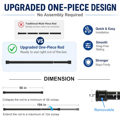 No Sectional Assembly Tension Curtain Rod 56-104 Inch | 1" Diameter Spring Long Adjustable Shower Curtain Rods for Bathroom Windows Closet No Drilling No Rust, Black - color: Black, size: 56-104Inch, No Assembly