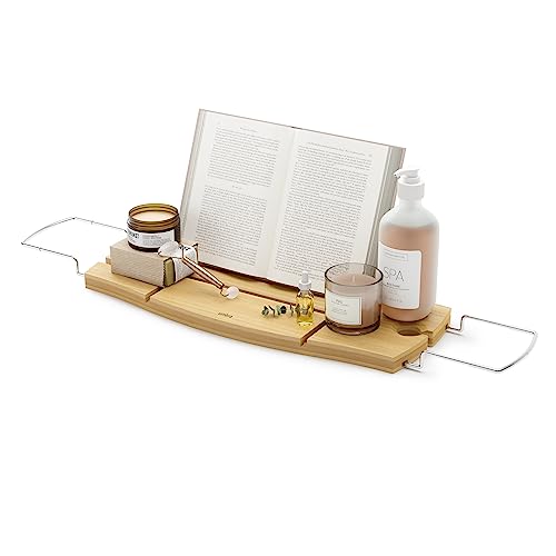 Umbra Aquala Bath Caddy, Extendable Bathtub Tray with Phone Holder, Natural | Bamboo, non-slip silicone arms, fits most tubs, waterproof, holds book and wine glass - color: Natural