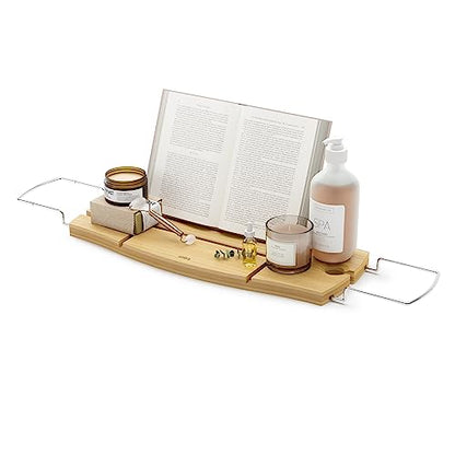 Umbra Aquala Bath Caddy, Extendable Bathtub Tray with Phone Holder, Natural | Bamboo, non-slip silicone arms, fits most tubs, waterproof, holds book and wine glass - color: Natural