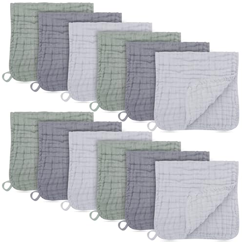 12 Pack Muslin Burp Cloths - Large 20" x 10", Ultra Absorbent 100% Cotton for Baby Drool and Messes - Soft, Gentle Baby Burp Rag for Boys & Girls -Grey, Green, Slate - color: Grey, Green, Slate, size: 20x10 Inch (Pack of 12)