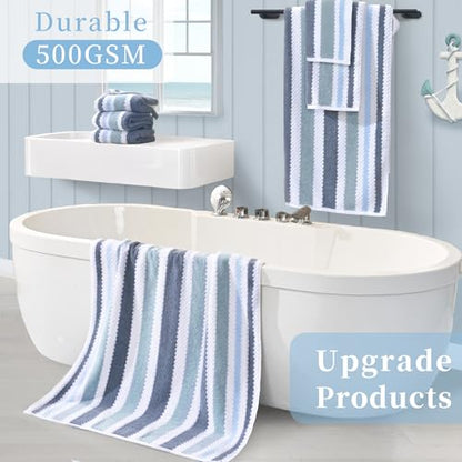 Waffle Towels for Bathroom - Quick Dry | Thick | Lightweight | 500GSM, 2 Large Bath 28"x52", 4 Hand 16"x27", Cotton Polyester Blend Towels, Shower Towel with Hanging Loops, Blue Gray Stripe and White - color: Blue-gray and White, size: 6 PCS Towel Set