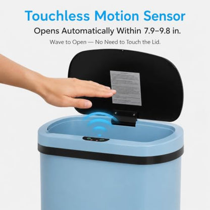 13-Gallon Touchless Plastic Trash Can, Blue | Motion sensor lid provides hands-free waste disposal in kitchens, offices, bedrooms, or living spaces. - color: Blue