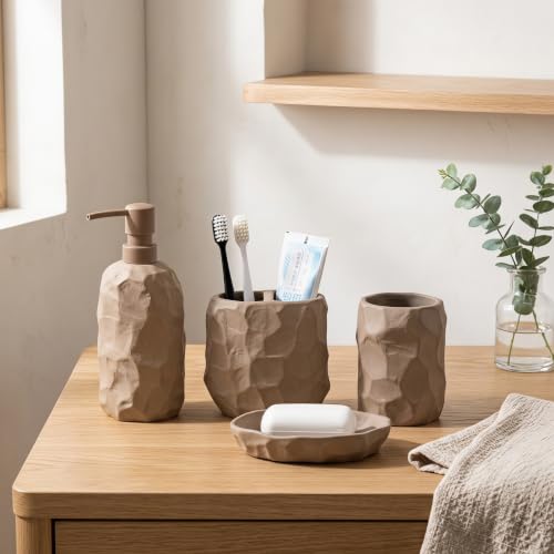 RQYIXI 4 Pcs Ceramic Bathroom Accessories Set,Matte Earth-Tone,Wabi-Sabi | Unglazed Sand Stoneware Boho Bathroom set includes: Soap Dispenser,Toothbrush Holder,Tumbler,Soap Dish - color: Engobe-4pcs