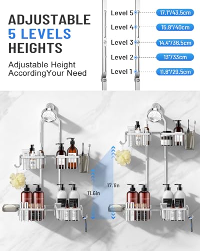 Adjustable Shower Caddy Hanging for Handheld Showerheads - Never Rust Shower Hanging Organizer, Upgraded Bathroom Shower Rack with Soap Basket, Hooks and Toothbrush Holder (Silver) - color: Silver