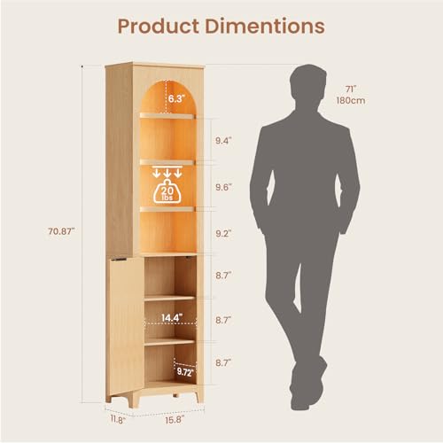 71'' Tall Bathroom Storage Cabinet with Light, 7-Tier Freestanding Narrow Bathroom Cabinet with Adjustable Shelf, Fluted Slim Storage Cabinet for Small Spaces, Bathroom, Living Room, Oak