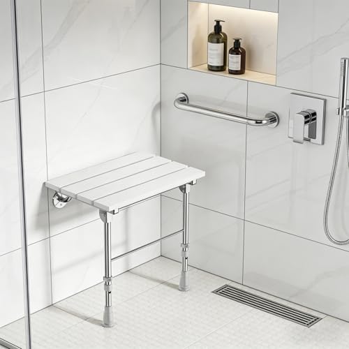 Folding Shower Seat Wall Mounted with Support Legs for Seniors, 350 lbs (White WPC) - color: White Wpc