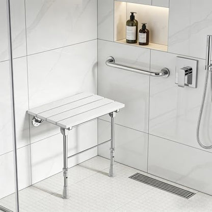 Folding Shower Seat Wall Mounted with Support Legs for Seniors, 350 lbs (White WPC) - color: White Wpc