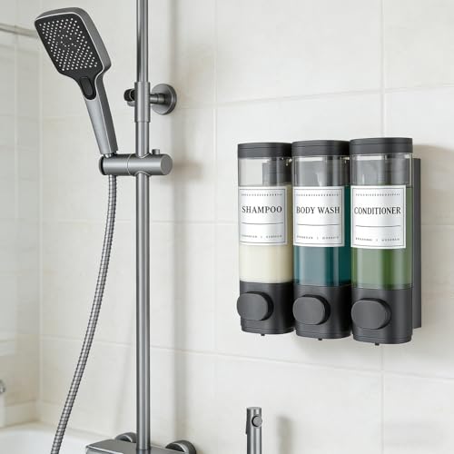 Shower Soap Dispenser Wall Mounted No Drill Shampoo Dispenser for Shower Wall Shampoo and Conditioner Dispenser Bathroom Hotel 3 * 300ml Black with Labels - color: Black 3