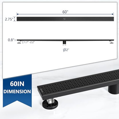 Neodrain 60" Linear Shower Drain, Matte Black 304 SS Bathroom Linear Drain | Black Shower Drain with Quadrato Grate& Adjustable Feet, Long Rectangle Shower Floor Drain in Bathroom, Balcony etc,cUPC - color: Matte Black, size: 60 In