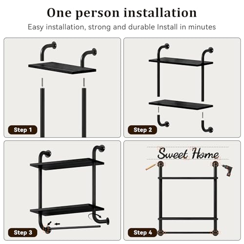 3 Tier Wall Shelves Over Toilet Rustic Industrial Floating Shelf - color: Black, size: 2 tier