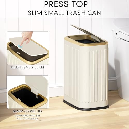 Bathroom Trash Can with Lid, 8L/2.1 Gallon Beige Trash Can Small Garbage Can with Press Top Lid Slim Stainless Steel Garbage Can with 100 Counts Trash Bags for Bathroom Bedroom Kitchen Office Toilet - color: Beige Stripe, size: Press-Top Trash Can