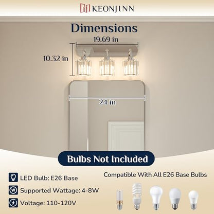 Keonjinn 3-Light Chrome Bathroom Light Fixtures, Crystal Bathroom Vanity Lights Over Mirror, Chrome Vanity Lighting Fixtures with Crystal Square Shades (E26 Base, Exclude Bulb) - color: Chrome, size: 3-Light