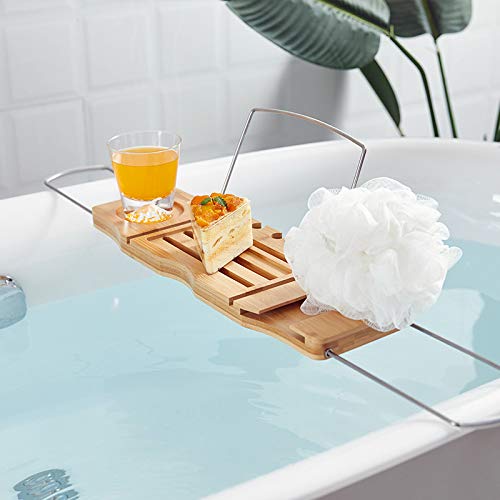 Ruby Lil Bamboo Bathtub Caddy Bathroom Tray,Bathtub Caddy Tray Expandable with Ipad/Book Holder/Wine Glass Holder,Bath Shelf Foldable,Natural