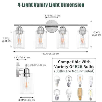 Bathroom Vanity Light Fixtures Polished Chrome,4 Lights Rustic Farmhouse Vanity Bar Lighting Over Mirror Modern Industrial Wall Sconces Lamp with Cylinder Glass Shade - color: Polished Chrome, size: 4 Lights