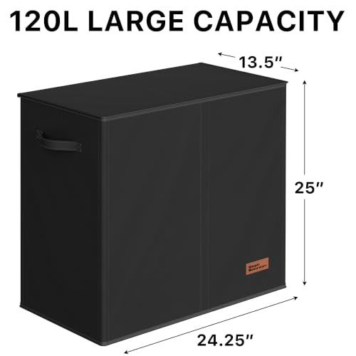 Simple Houseware Double Laundry Hamper with Lid & Removable Bags, Black | Heavy Duty 600D Polyester, Water-Resistant Surface - color: Black