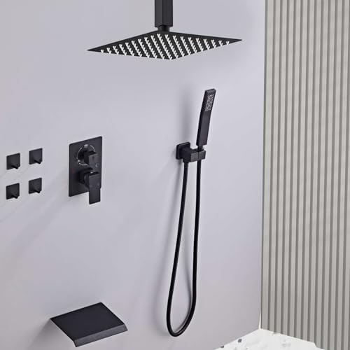 12 Inch Ceiling Mount Shower System Matte Black Rain Mixer Shower Combo Set High Pressure Rainfall Shower Head System Bathroom Luxury Shower Faucet Set Rough-in Valve and Shower Trim Included - color: Matte Black, style: 12 Inch-Update Valve