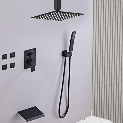 12 Inch Ceiling Mount Shower System Matte Black Rain Mixer Shower Combo Set High Pressure Rainfall Shower Head System Bathroom Luxury Shower Faucet Set Rough-in Valve and Shower Trim Included - color: Matte Black, style: 12 Inch-Update Valve
